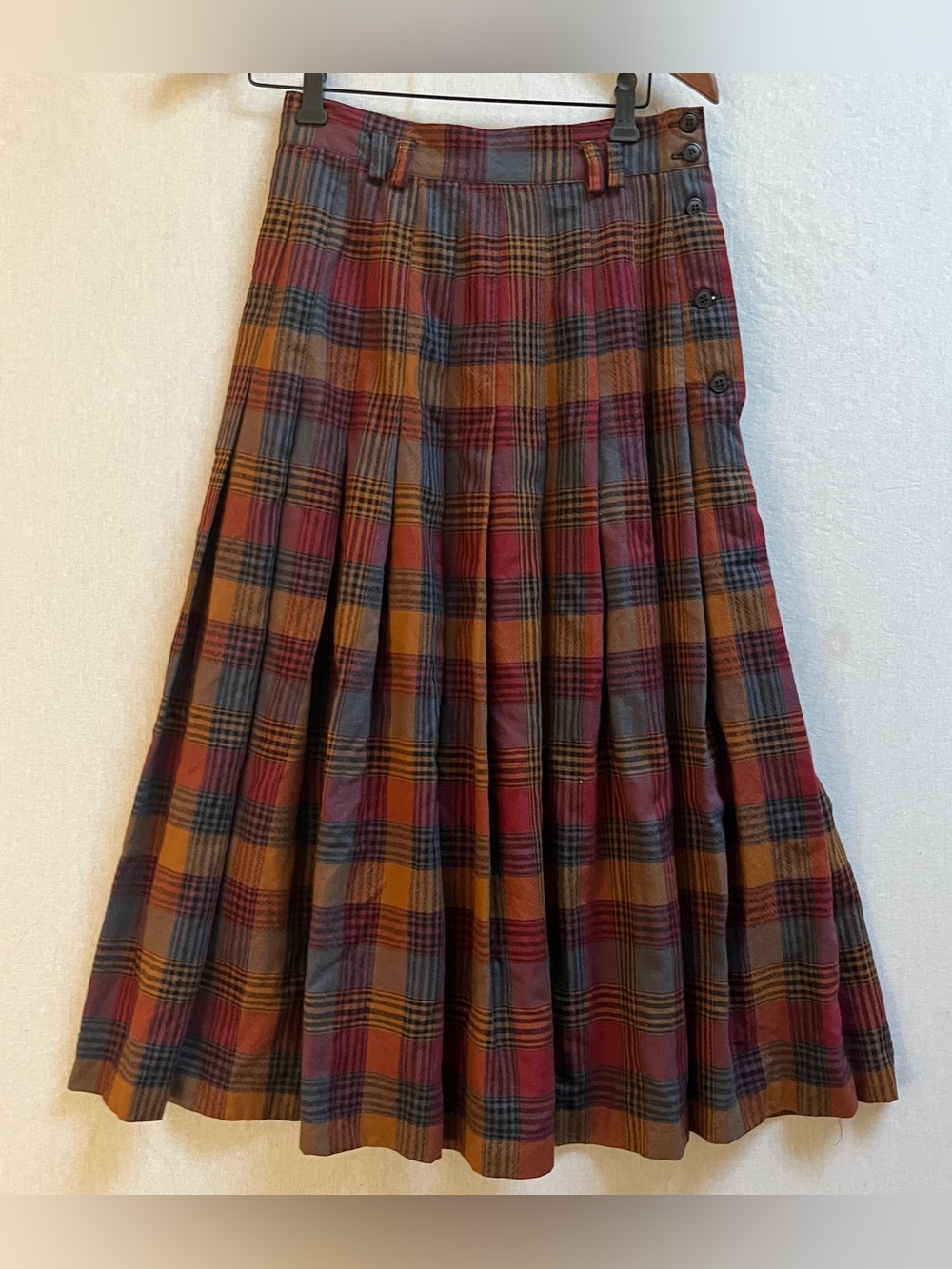 Vintage Louben Size S Pure Virgin Wool Plaid Pleated Maxi Skirt